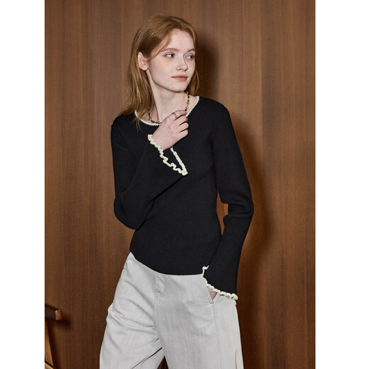 KUHNMARVIN French Retro Contrast Bell Sleeve Sweater Women's 2026 Early Spring New Right Shoulder Slim Sweater K32992 Black S