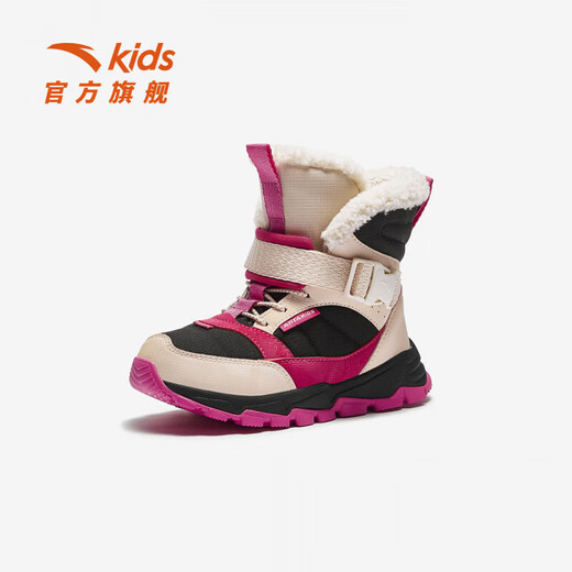 ANTA Children's Synthetic Leather Shoes Girls' Shoes 2025 Winter New Product Leather Surface Water Repellent Plus Velvet Warm Snow Boots Black/Fan Pink-3 29