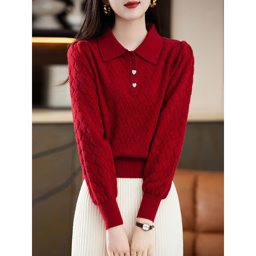 Demana Autumn and Winter Retro Style Love Button Lapel Sweater Puff Sleeve Slim Knitwear Women's High-Quality