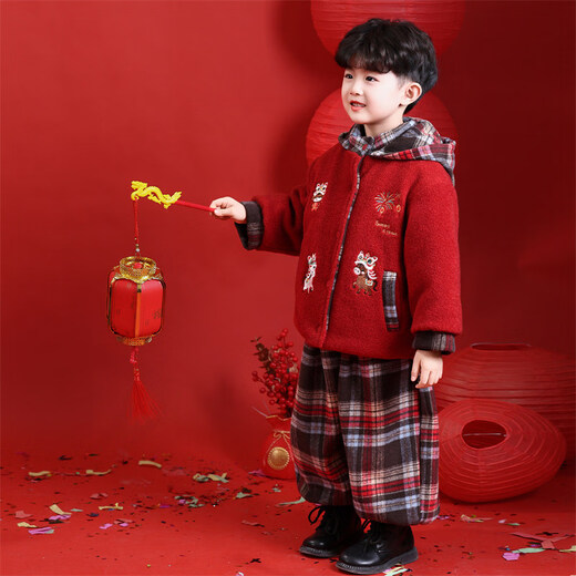 HAL.DUCK New Year's greetings boys' winter thickened cotton suit children's 2026 Year of the Horse red festive boy's winter jacket red 130 cm