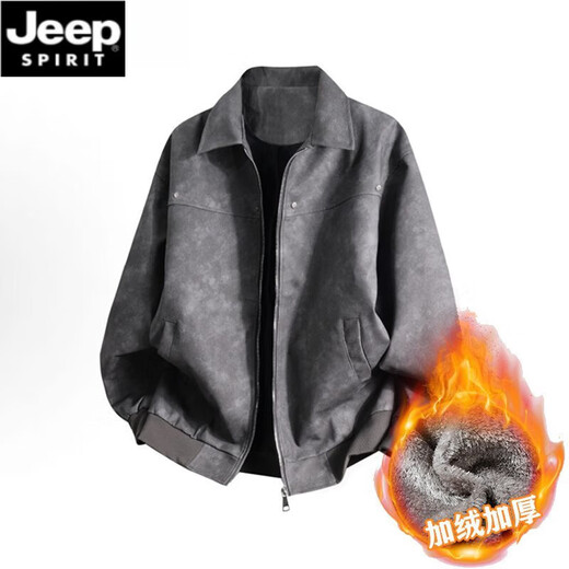 JEEP SPIRIT Jeep leather jacket men's spring and autumn American retro jacket couple coat women's wasteland style winter velvet top ins Free a bag of sachet - dark gray XL 130-150Jin Jin is equal to 0.5 kg