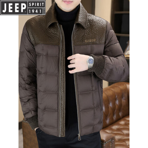 JEEP Jeep men's lapel down jacket winter 2026 new style leather jacket cold-proof warm thickened jacket men's fashion black XL