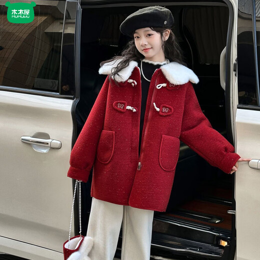 Wooden house girls autumn and winter woolen coats children's velvet thickened coats middle and older children's New Year's clothing festive woolen coat trend red coat 130