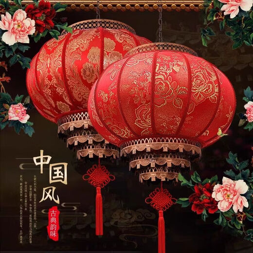 Xushansi LED light-emitting traditional New Year red hanging lantern outdoor balcony housewarming waterproof custom sheepskin lantern Cool pear wiring type LED light + free plug + Chinese knot round 60# (diameter 60cm) embroidered peony high quality double layer one pack