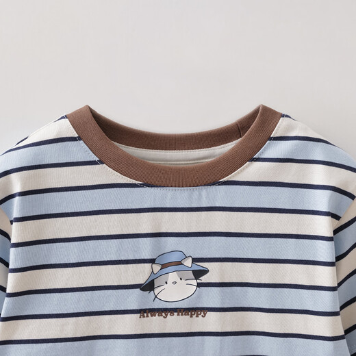 MARC&JANIE Mark Jenny striped cat boys pure cotton fake two-piece T-shirt baby tops 2026 spring new style 560019 blue and white stripes 90 cm (recommended height 81-90cm)