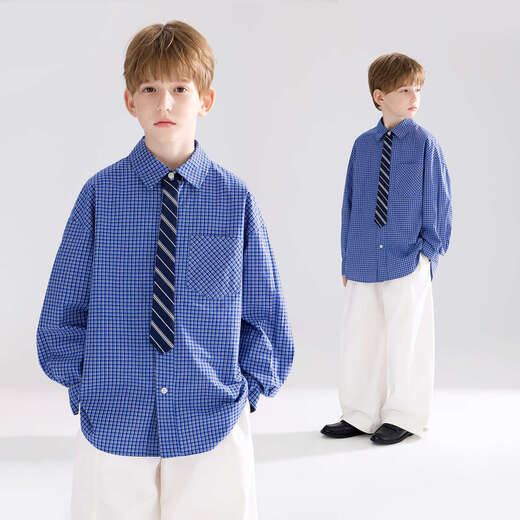 Mucmukn Muke college freshman blue plaid tie design layered shirt for boys and girls 26 spring new style blue plaid 160 cm