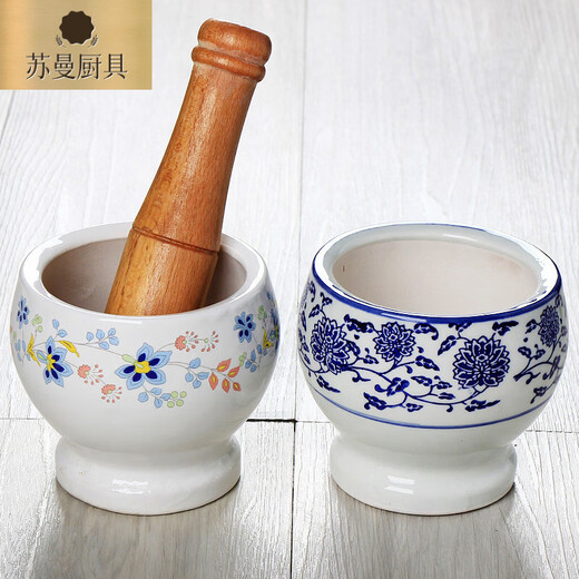 Tuojin earthenware coarse porcelain garlic mortar, household old-fashioned garlic press, traditional garlic jar, ceramic garlic jar, garlic jar, garlic jar, brown round mouth garlic mortar + wooden hammer