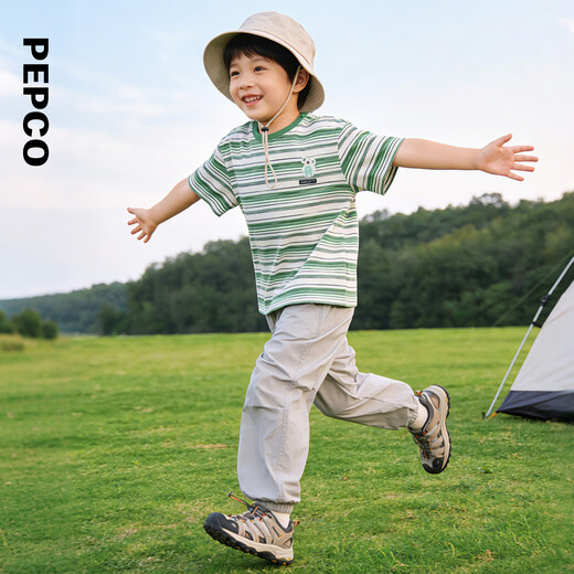 Piggy Banner (PEPCO) children's clothing 2026 new summer boys' green, white and black striped T-shirt combed cotton round neck short-sleeved sweater green, white and black striped 90