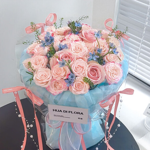 Baihua Pavilion Flowers Pink Rose Bouquet Full of Gypsophila Real Flowers Birthday Gift for Girlfriend, Best Friend, Fast Dating Hours in the City Flower Blossoms - 3 Pink Roses | dyr86