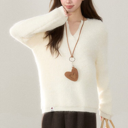 CHOCOOLATE it women's white v-neck pullover mink velvet sweater for women 2026 spring soft waxy lazy sweater top off-white S