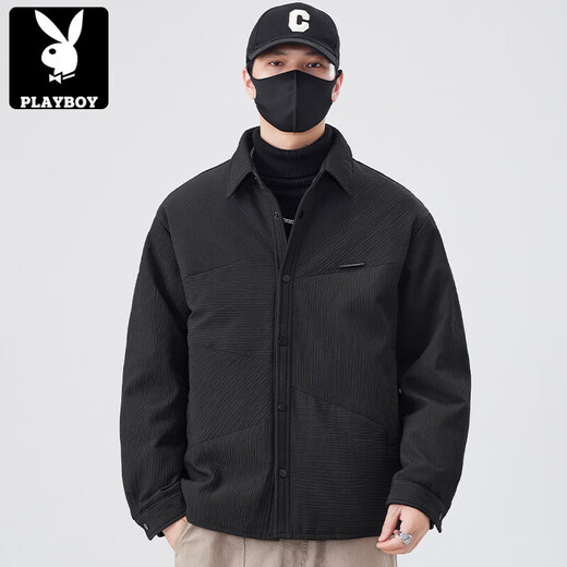 Playboy (PLAYBOY) Textured Down Jacket Men's 2025 Autumn and Winter New Thin Warm Lapel Winter Jacket Men's Trend Black M 100-130Jin Jin is equal to 0.5 kg