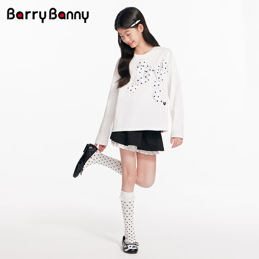 BARRY BANNY Girls' Bow T-shirt 2026 Spring Medium and Large Children's Pure Cotton Long-Sleeved Round Neck Casual Top Gardenia White 160