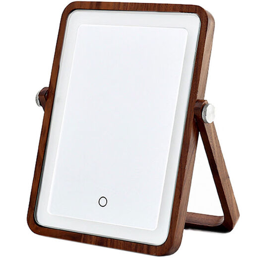 Solid wood LED desktop makeup mirror foldable rechargeable desktop makeup mirror girls dormitory light mirror North American walnut