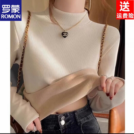 ROMON bottoming shirt 2026 new velvet thickened half-high collar solid color women's winter simple long-sleeved high-elastic top mid-collar off-white M 70-90Jin Jin equals 0.5 kg