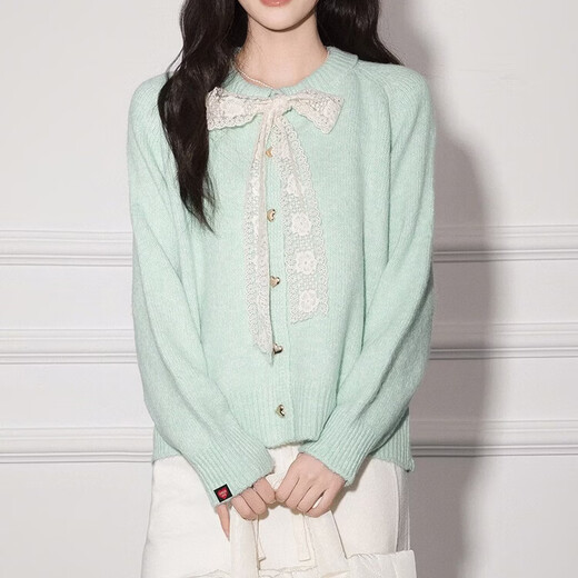 CHOCOOLATE it Women's Round Neck Bow Sweater Women's 2026 Spring New Loose Versatile High-Quality Knitted Jacket Women's Blue One Size