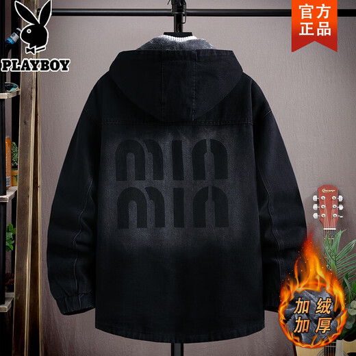 Playboy (PLAYBOY) winter coat jacket 2026 winter new denim jacket velvet thickened warm men's casual versatile jacket 9037 black velvet 2XL recommended 130-150Jin Jin equals 0.5 kg