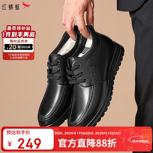 Red Dragonfly wool cotton shoes autumn and winter thick velvet men's business leather high-top men's shoes dad shoes WTD44145 black 41