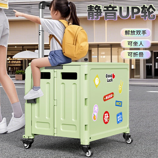 Wing Fantasy Portable Folding Grocery Cart Stair Climbing Cart Large Two-Wheel Shopping Cart with Cover Medium 4-Wheel with Brake + Tea Green Cover + Sticker 55L Integrated Sliding Cover
