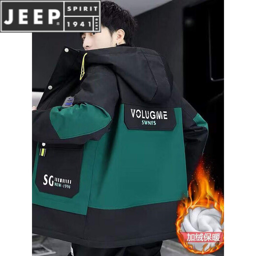 JEEP SPIRIT autumn and winter velvet thickened hooded windbreaker jacket men's work jacket trendy versatile outer wear warm jacket leather label plus velvet black gray L recommended 100-120Jin Jin equals about 0.5 kg