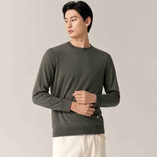 Ordos 1980 machine washable worsted wool new round neck reversible men's sweater 26 early spring snail gray green M 170/92A