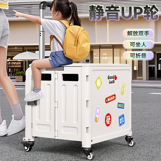 Wing Fantasy Portable Folding Grocery Cart Stair Climbing Cart Large Two-Wheel Shopping Cart with Cover Medium 4-Wheel with Brake + Tea Green Cover + Sticker 55L Integrated Sliding Cover