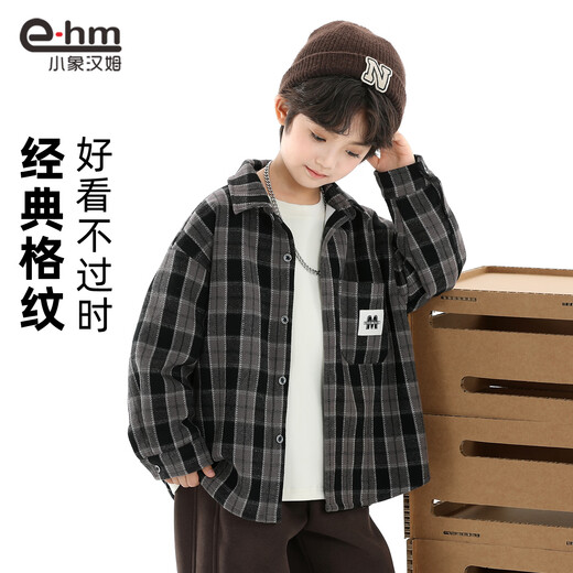 Little Elephant Ham children's clothing boys' long-sleeved shirt children's plaid shirt spring jacket spring new fashion style black plaid 130 cm