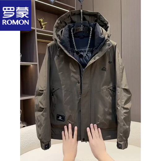 ROMON Рабочая одежда Короткий пуховик Мужская осенне-зимняя утепленная куртка Белая куртка на утином пуху с капюшоном Мужская защита от тепла и холода Рыжий желтый Romon Натуральная M Рекомендуемый вес 100-125 Jin Jin равен 0,5 кг