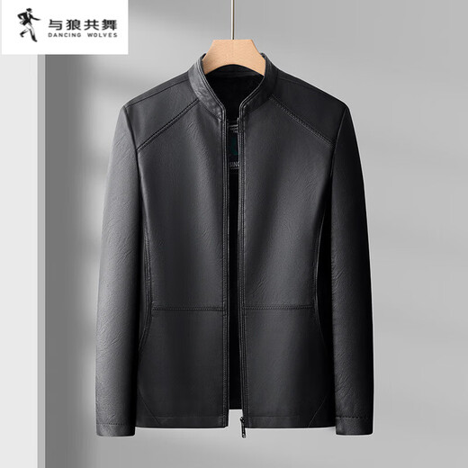 DANCING WOLVES PU Leather Jacket Men's 2026 Spring and Autumn Short Leather Jacket Casual Slim Thick Temperament Handsome Jacket Black L 175