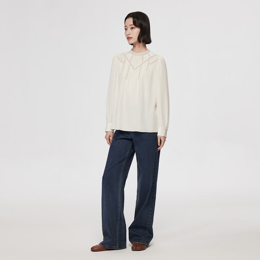 VGRASS26 Spring New 18MM Crepe de Chine Silk Temperament Small Stand-up Collar Partially Spliced Lace Small Top Xiangyun White S