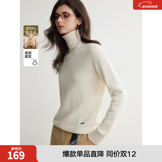 ELLE 100% sheep wool ELLE turtleneck seamless one-piece sweater for women 2025 winter new simple commuter sweater off-white M