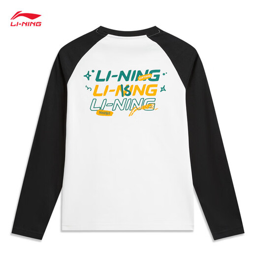 Li Ning children's long-sleeved spring new T-shirt 2026 boys trendy raglan sportswear youth pullover round neck top white/black/black 130 cm