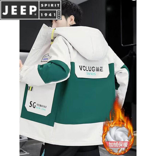 JEEP SPIRIT autumn and winter velvet thickened hooded windbreaker jacket men's work jacket trendy versatile outer wear warm jacket leather label plus velvet black gray L recommended 100-120Jin Jin equals about 0.5 kg