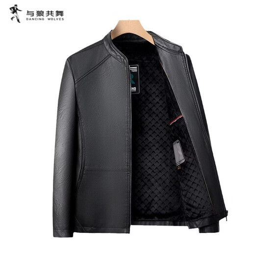DANCING WOLVES PU Leather Jacket Men's 2026 Spring and Autumn Short Leather Jacket Casual Slim Thick Temperament Handsome Jacket Black L 175