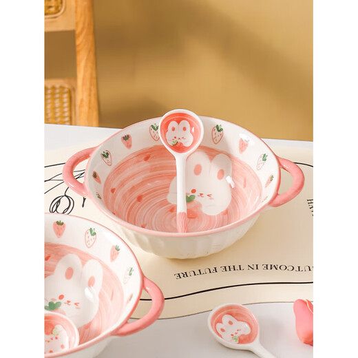 Tuojin cute ceramic double-eared soup bowl, large snail noodle bowl, large bowl, children's instant noodle bowl, personal rice bowl and dish set, exquisite gift box for 6 people, 27-piece set