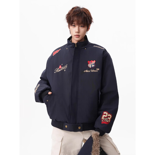 OEMG American retro emblem letter embroidered fur collar hooded cotton jacket for men winter thickened warm top jacket navy blue high quality 2XL recommended 130-150Jin Jin equals 0.5 kg