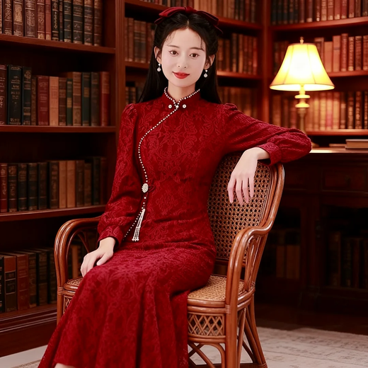 Wei Lianmenglan red fishtail cheongsam toast dress for women winter lace long-sleeved bride wedding engagement high-end atmospheric dress burgundy long-sleeved long S