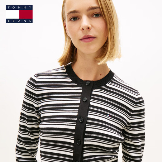 TOMMY JEANS26 spring and summer new style women's pure cotton elegant contrast striped slim short knitted cardigan Valentine's Day gift