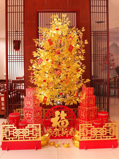 Xushansi 2026 Horse New Year Decoration Atmosphere Scene Layout Floor-standing Decoration Spring Festival New Year’s Day Money and Fortune Christmas Tree Lights 2.1 Meter Money Tree Package + Lion Wake Style (Free Light String + Red Cloth)