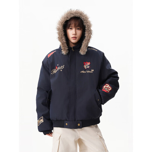 OEMG American retro emblem letter embroidered fur collar hooded cotton jacket for men winter thickened warm top jacket navy blue high quality 2XL recommended 130-150Jin Jin equals 0.5 kg