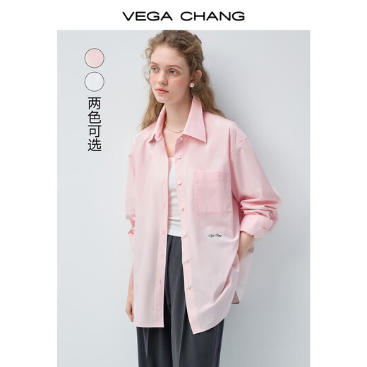 VEGA CHANG Pink Shirt Embroidery Contrast Color Embroidered Commuting Shirt Women 2026 New Spring Simple Shirt Rose Pink S