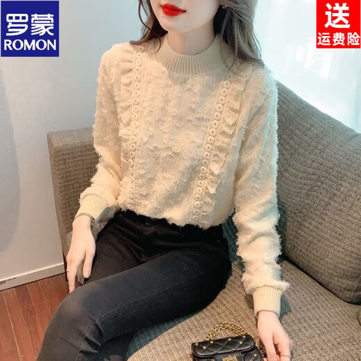 ROMON brand autumn and winter velvet thickened lace bottoming shirt for women 26 new tops autumn and winter style and fashion apricot full body velvet S 85-95Jin Jin equals 0.5 kg