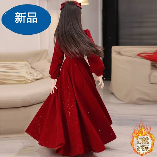 Disney Girls Dress Long Sleeve Dress 2025 Autumn and Winter New Medium and Large Children's Clothing Red New Year Style Embroidered Long Dress Red Velvet Style 150 (Upgraded Style)