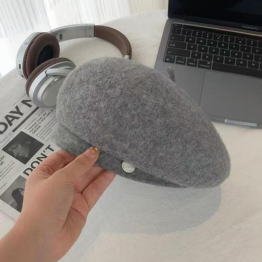 Rongyuege beret women's autumn and winter three-dimensional shape large head circumference woolen temperament high-end Korean style octagonal forward painter hat off-white one size (55-58CM)