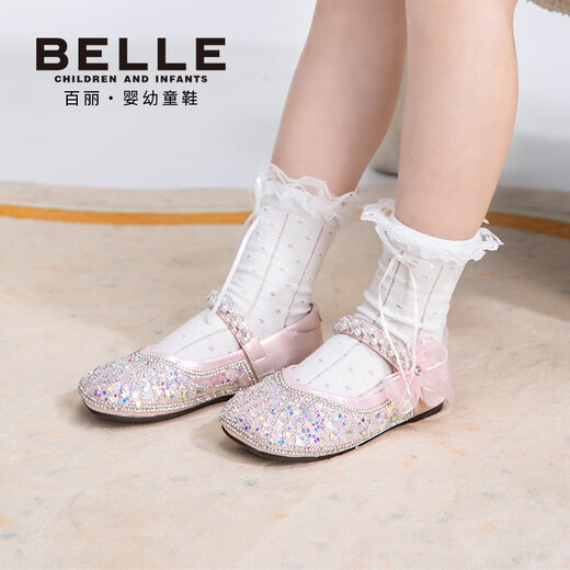 Belle Children's Shoes 26 Spring New Products Girls Crystal Bow Shoes Princess Shoes Female Baby Performance Shoes Baby Children's Leather Shoes Pink 25 Suitable for feet about 14.9-15.3cm long