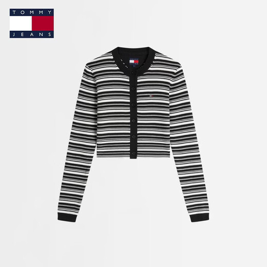 TOMMY JEANS26 spring and summer new style women's pure cotton elegant contrast striped slim short knitted cardigan Valentine's Day gift