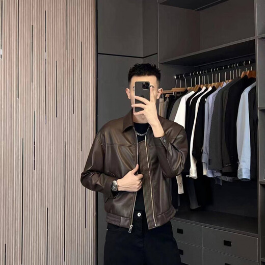 STRONG-WILLED light mature 25 autumn and winter fashion short leather jacket men's motorcycle ins handsome jacket casual zipper leather jacket coffee color M suitable for 125-145Jin Jin is equal to 0.5 kg