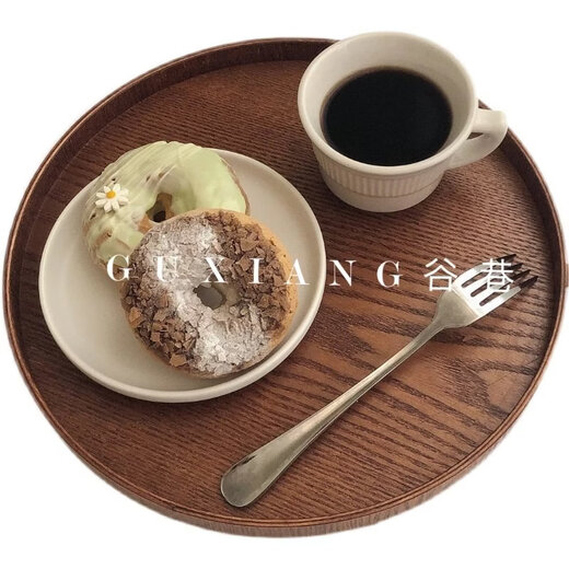 Tuojin ins style wooden tray round Japanese tea tray dining tray cafe dessert tray storage tray cake tray snack tray brown diameter 24cm