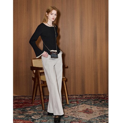 KUHNMARVIN French Retro Contrast Bell Sleeve Sweater Women's 2026 Early Spring New Right Shoulder Slim Sweater K32992 Black S