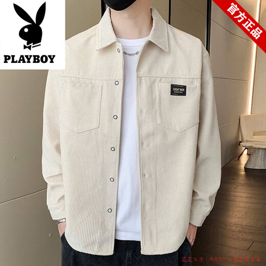 Playboy Corduroy Jacket Men's Spring and Autumn Shirt Long Sleeve Men's Youth Cardigan Loose Casual All-match Shirt Clothes Men's Dark Gray M