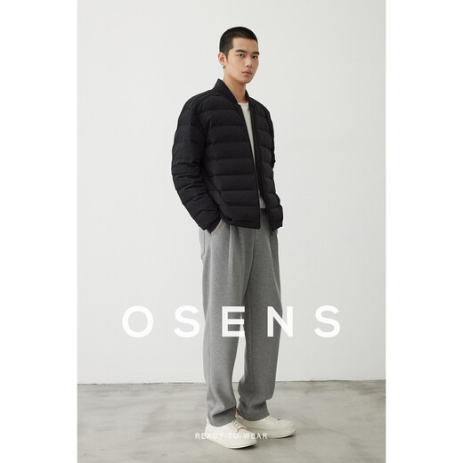 OSENS men's four-way elastic 90 velvet winter lightweight men's baseball collar jacket rib style down jacket classic black XL (180/100A)